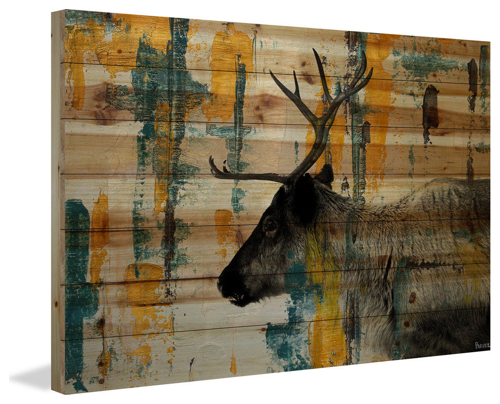 "Teal Yellow Reindeer" Painting Print on Natural Pine Wood, 45"x30"