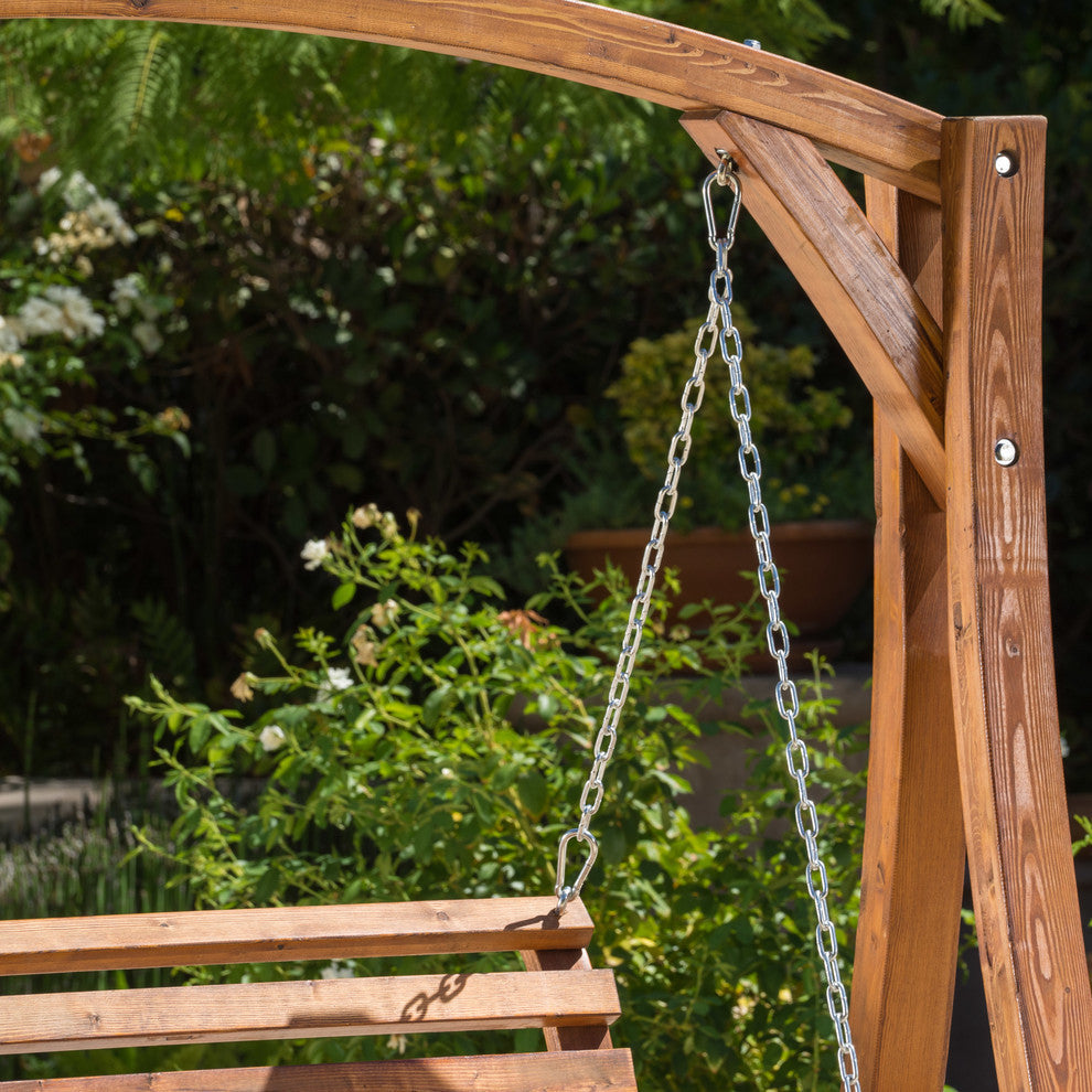 GDF Studio Marlette Outdoor Teak Stained Wood Swinging Bench And Base