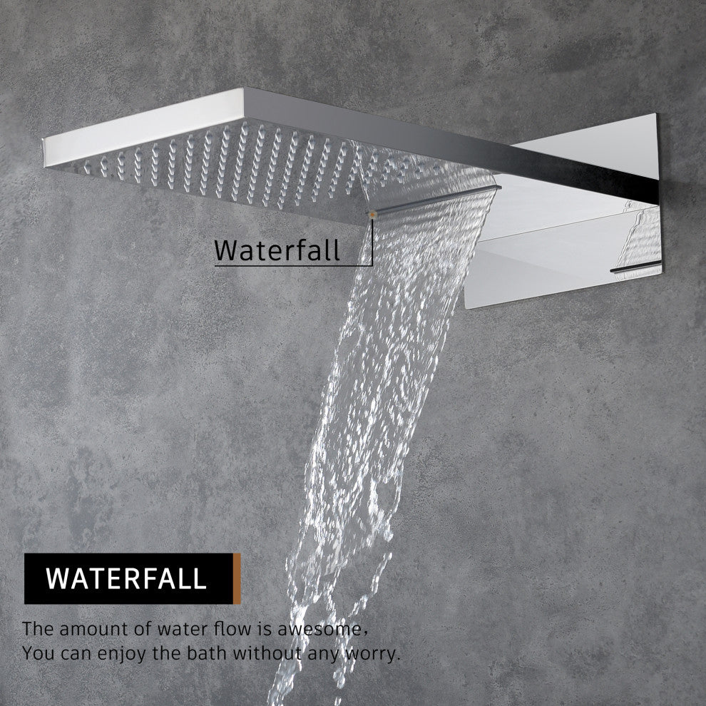 CASAINC 22" Wall Mounted Luxury Waterfall Shower System w Handheld Spray, Chrome