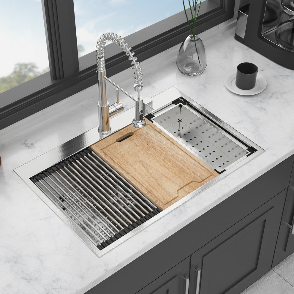 Brushed Nickel Stainless Steel 33 in. Single Bowl Drop In Kitchen Sink