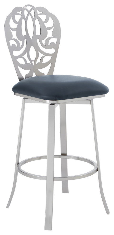 30" Gray Faux Leather Scroll Brushed Stainless Steel Swivel Bar Stool