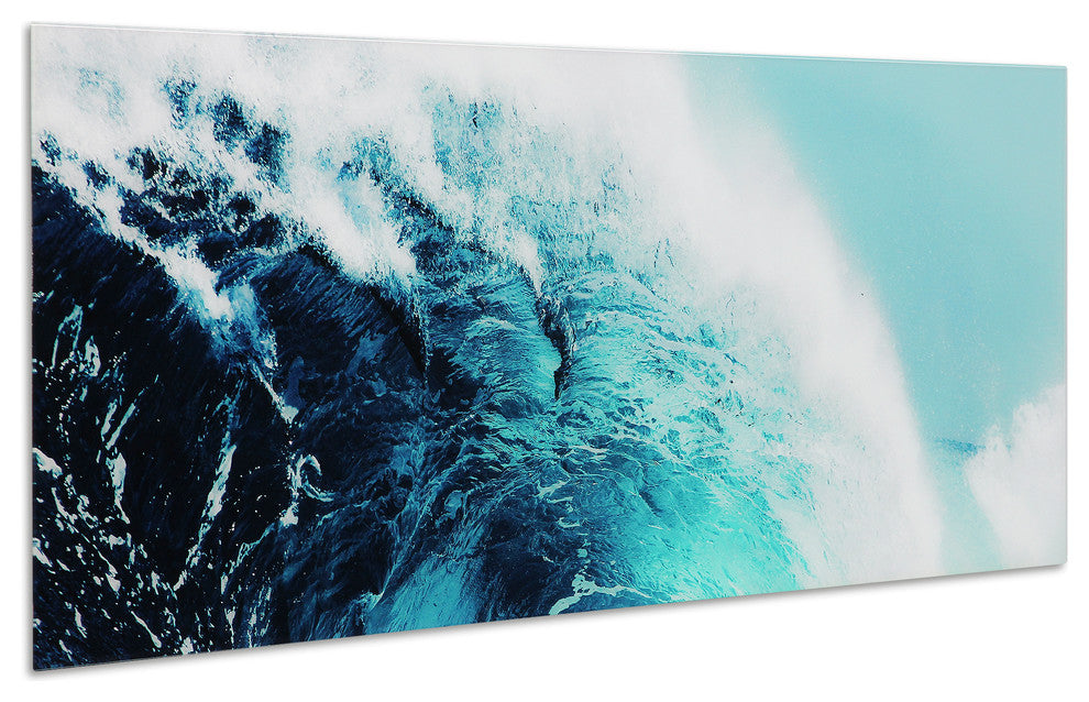"Blue Wave 1" Wall Art Frameless Free Floating Tempered Glass Print 24" x 63"
