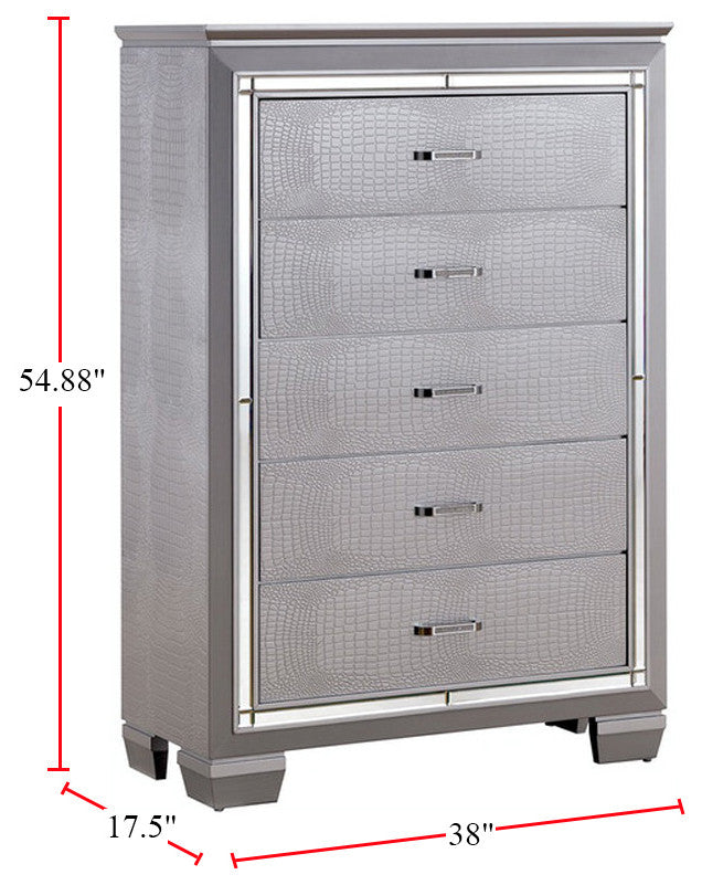 Wood Chest with 5 Drawers, Silver