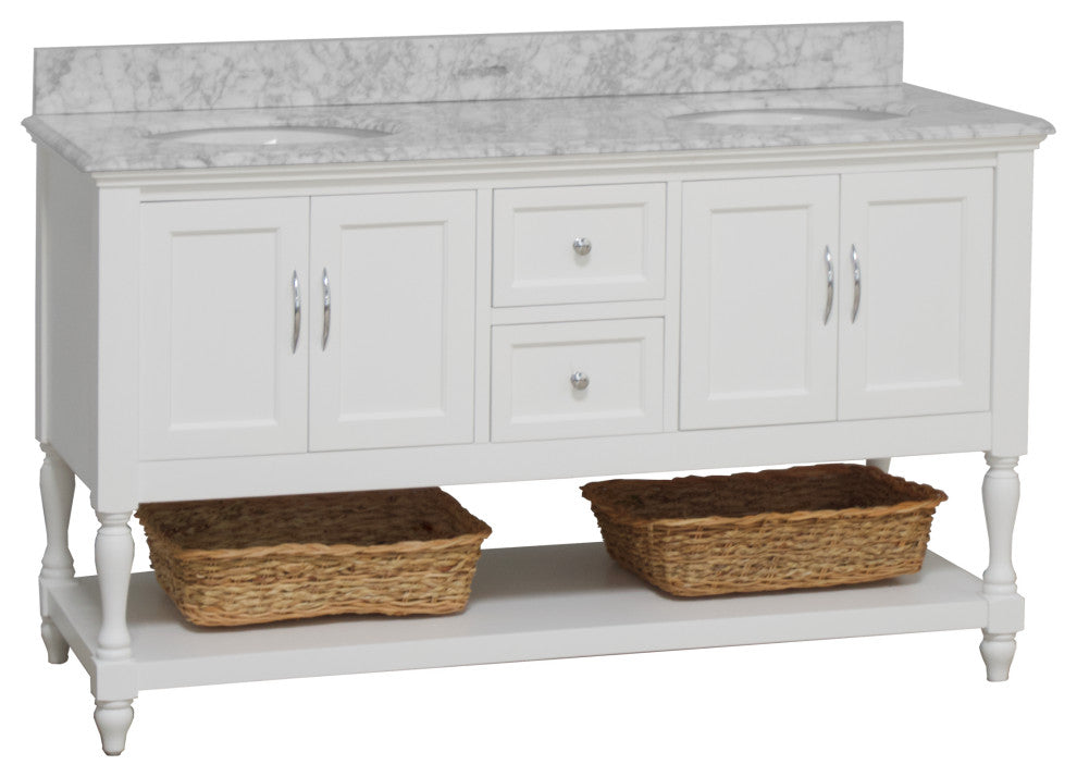 Beverly 60" Bath Vanity, White, Carrara Marble, Double Vanity