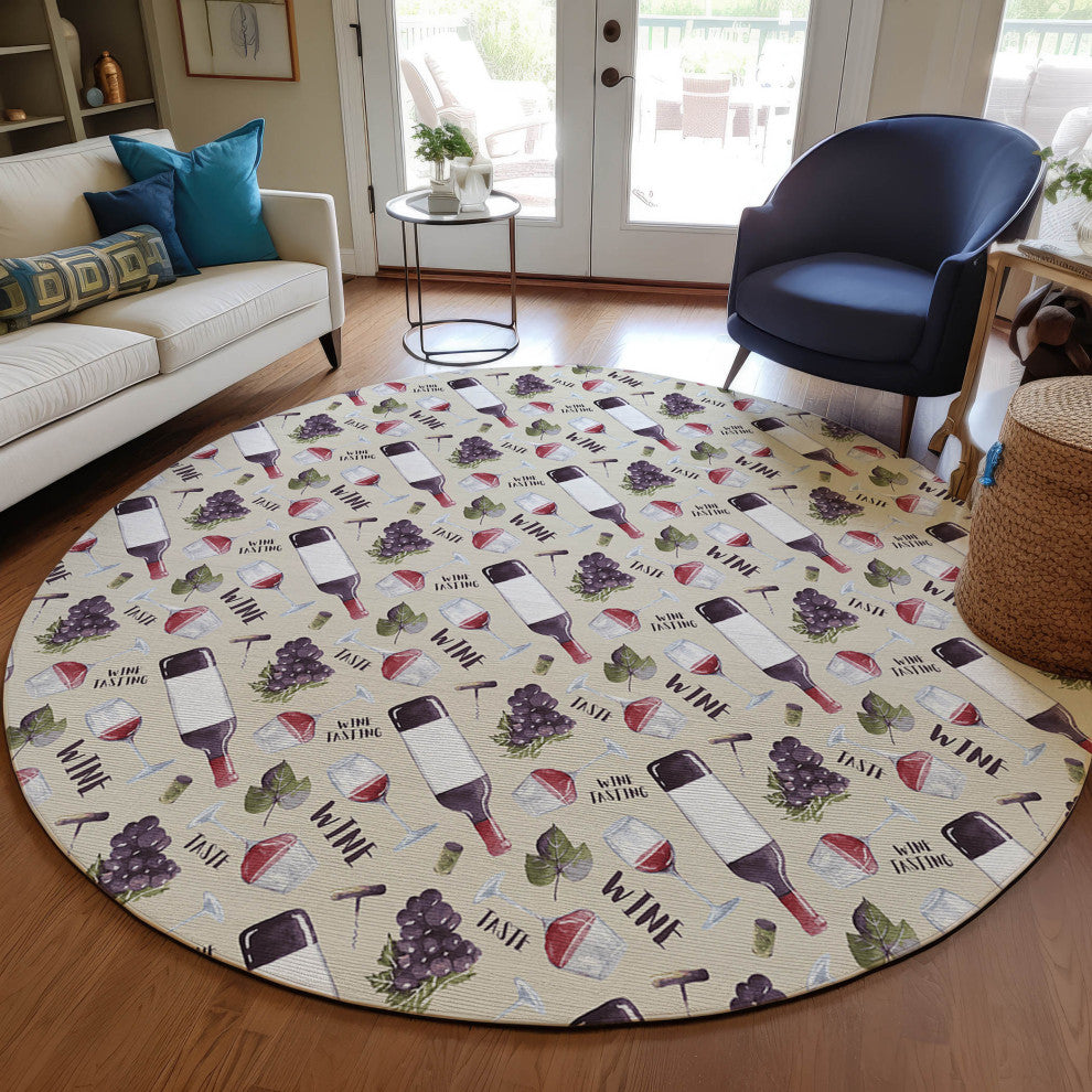 Indoor/Outdoor Kendall KE14 Putty Machine Washable 8' x 8' Round Rug