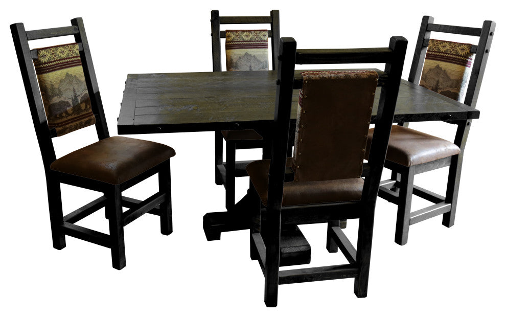 Barnwood Style Timber Peg Pedestal Dining Set, Weathered Slate, 36" X 60", Bear Run and Palomino Tobacco