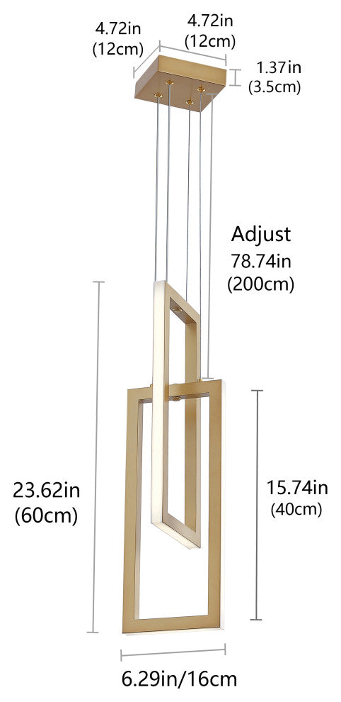 2-Light Rectangle LED Pendant Light Chandelier, Gold
