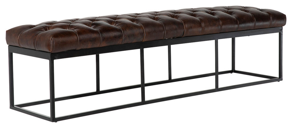 Tufted Leather and Iron Bench