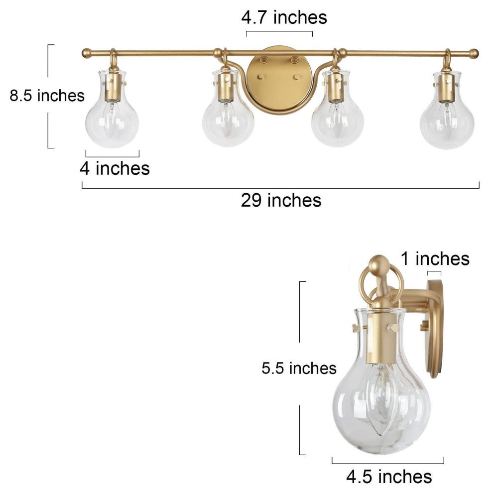 4-Lights Modern and Matte Gold With Clear Glass Shade LED Vanity Light