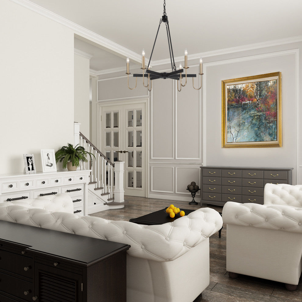 LNC 6-Lights Matte Black Modern Gold Candle-Style Chandelier For Dining Room