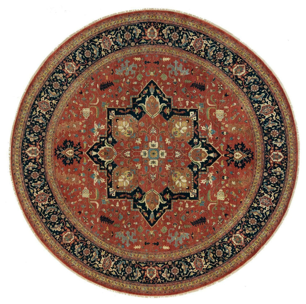 Red Hand Knotted Antiqued Fine Heris Re-Creation Wool Round Rug 11'10"x11'10"
