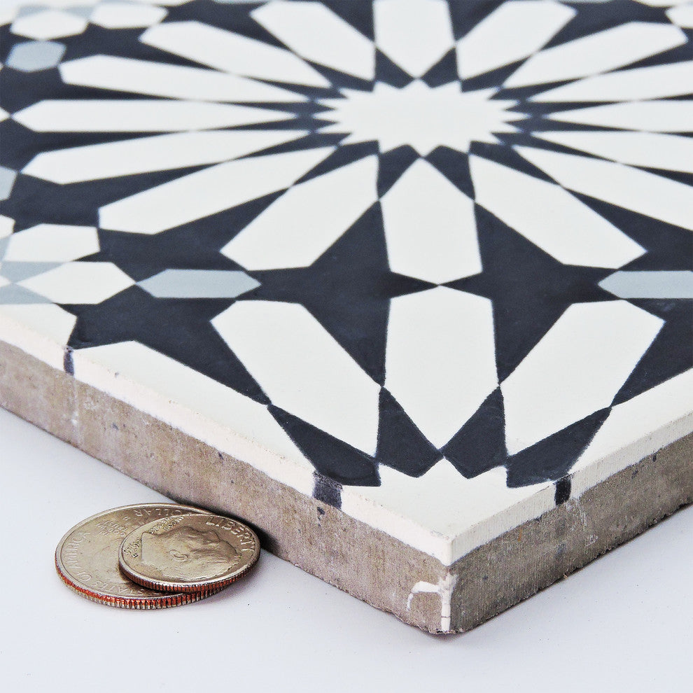8"x8" Alhambra Handmade Cement Tile, Black-White-Gray, Set of 12