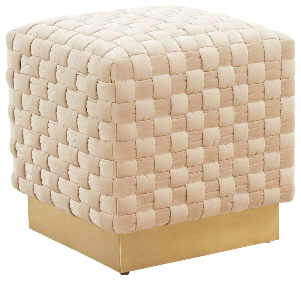 19-Inch Square Velvet Ottoman/Stool in Gold Stainless Steel, Beige