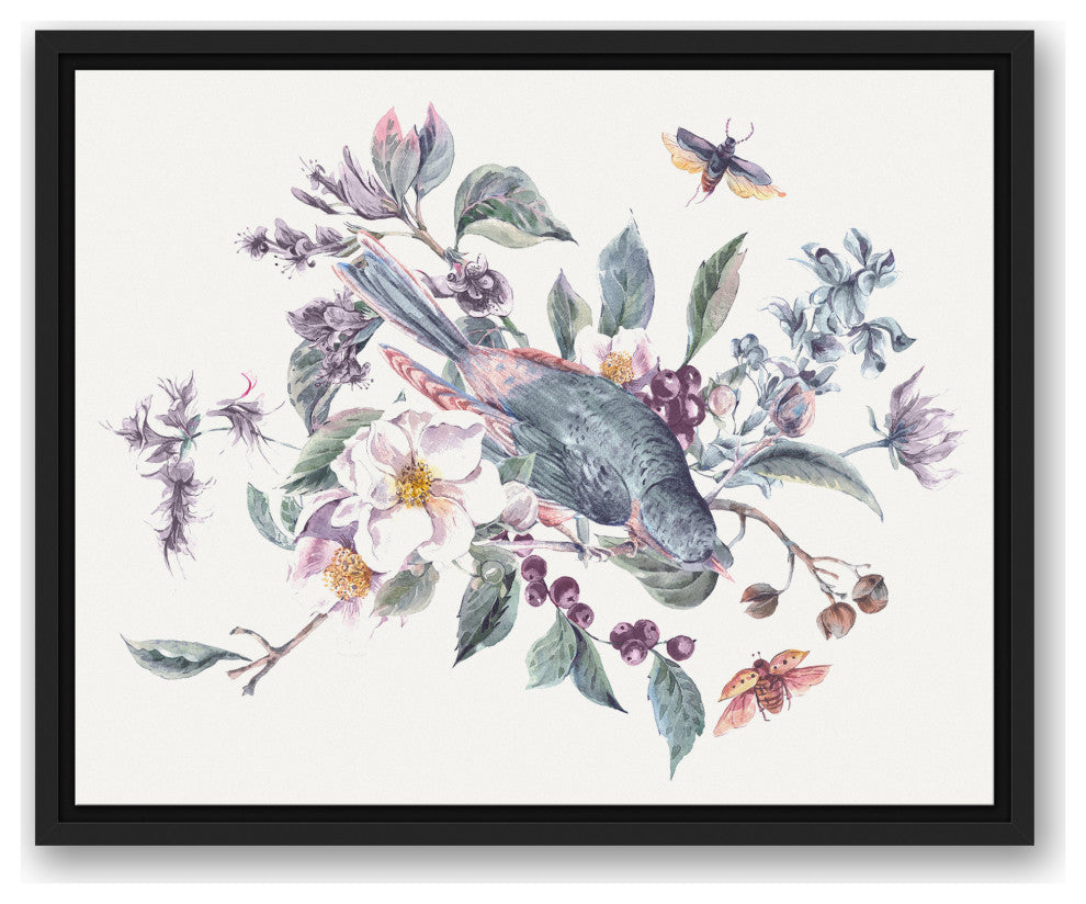 Watercolor Bird, Branches Purple Green 16x20 Black Floating Framed Canvas