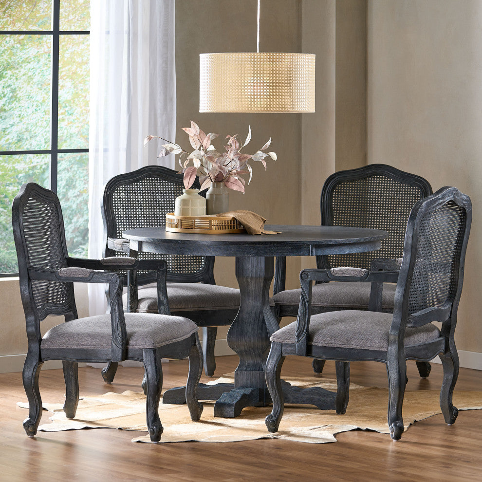Absaroka French Country Fabric Wood and Cane 5-Piece Dining Set, Gray