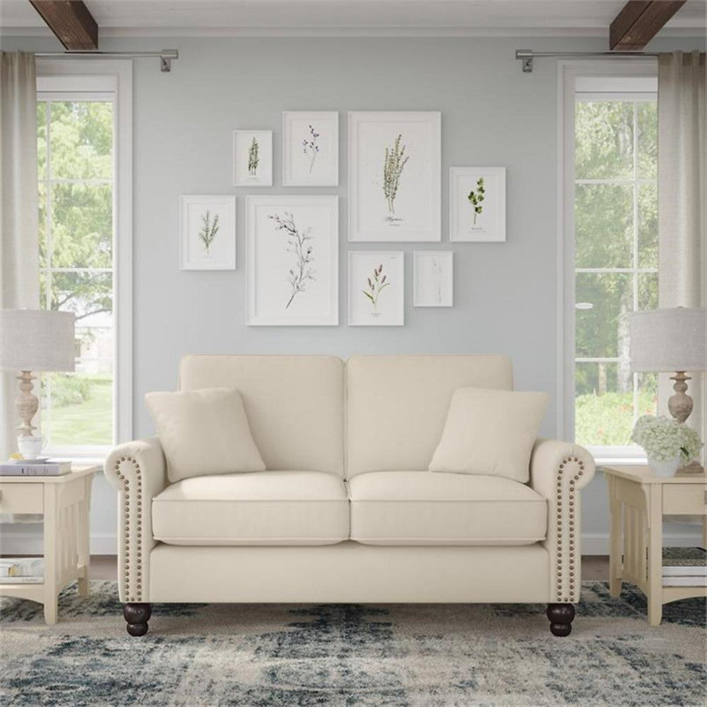 Coventry 61W Small Living Room Loveseat in Cream Herringbone Fabric