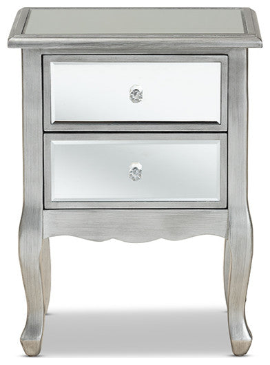 French Brushed Silver Finished Wood and Mirrored Glass 2-Drawer Nightstand