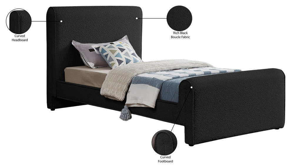 Stylus Black Boucle Fabric Full Bed, Black, Twin