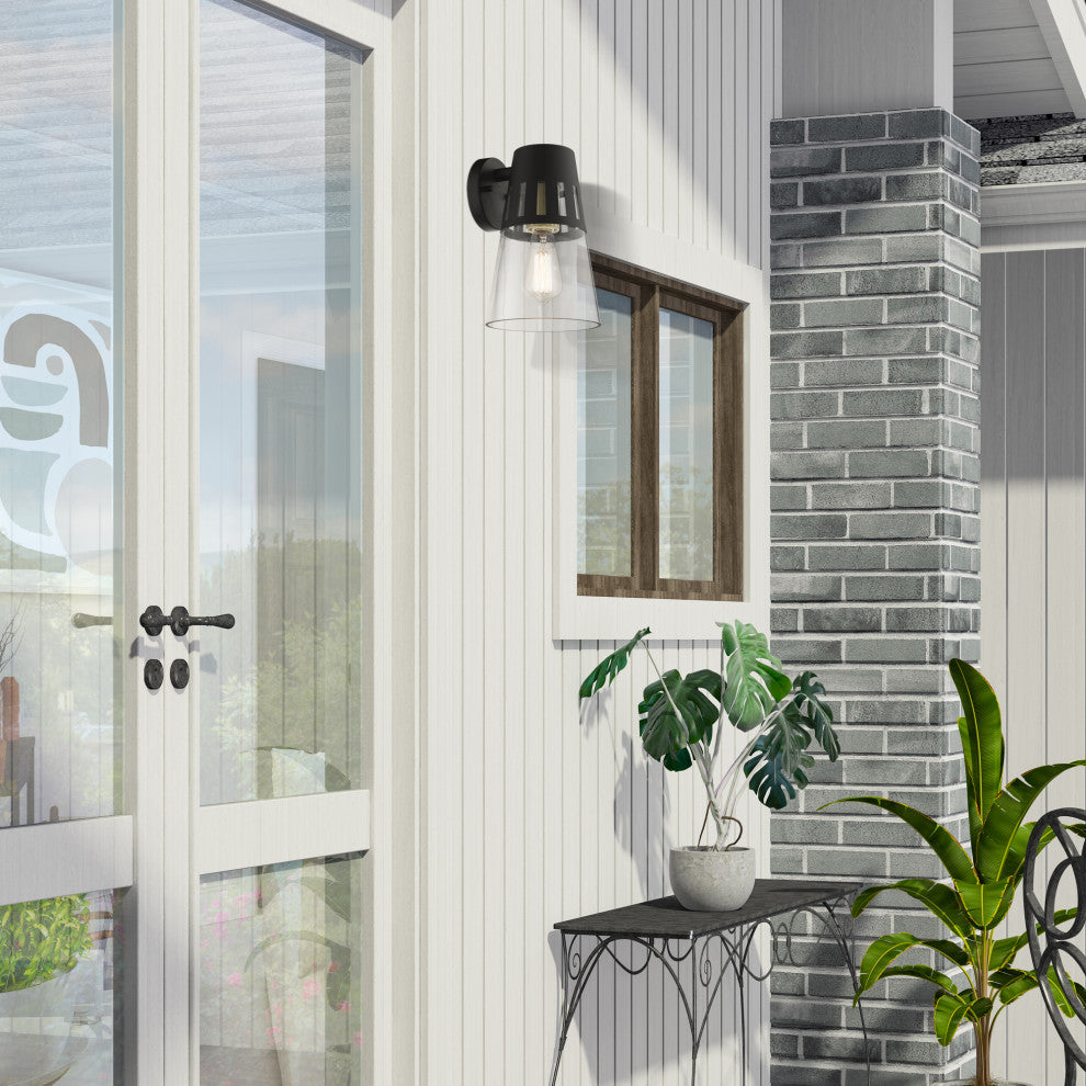 Covington 1-Light Black Outdoor Medium Wall Lantern, Soft Gold Accents
