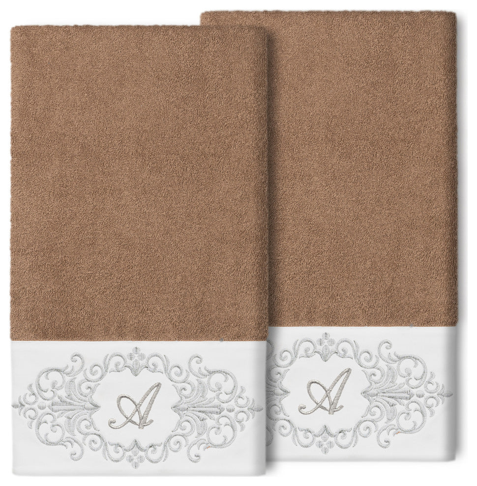 Linum Home Turkish Cotton Monica 2-Piece Embellished Bath Towel Set, Latte