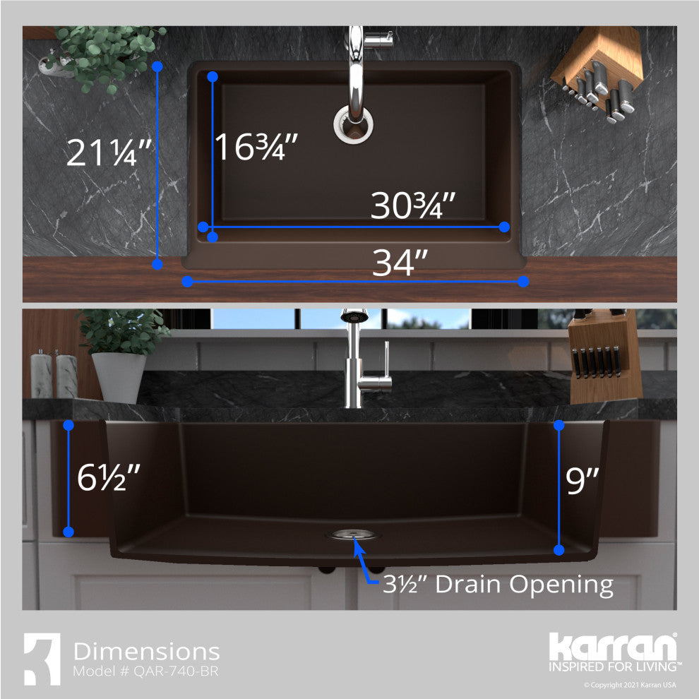 Karran Retrofit Farmhouse Quartz 34" Single Bowl Sink Kit, Brown