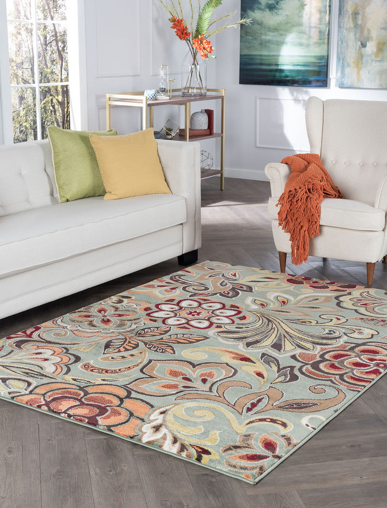Dilek Transitional Floral Area Rug, Seafoam, 9'3"x12'6"