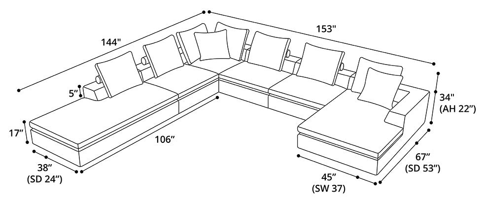 Lucerne Modular Chaise, Ashen Fabric, Ashen Fabric, Set14a-6pc