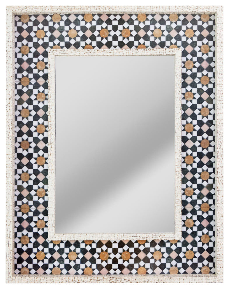 Geometric Tiled Print Distressed White Raised Lip Double Framed Accent Mirror