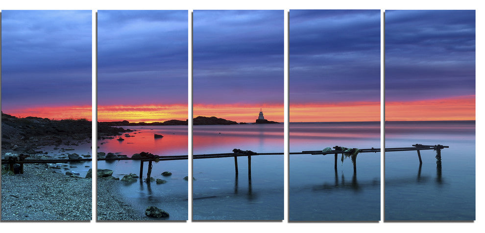 Blue Sky and Waters Panorama, Modern Seashore Canvas Art, 60"x28", 5 Panels
