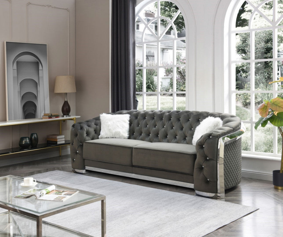 Sapphire Black Tufted Velvet Sofa With LED Lights, Gray