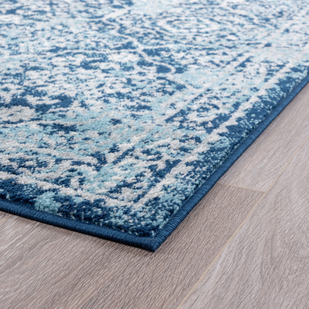 Tiera Transitional Damask Blue & Cream Rectangle Area Rug, 8'x10'