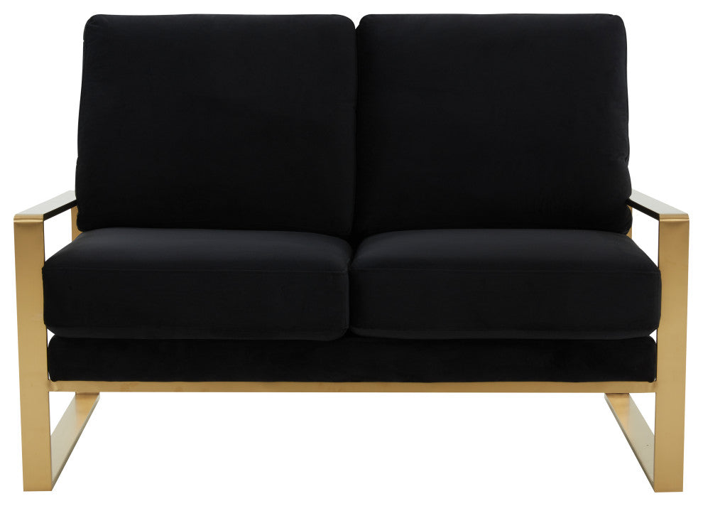 LeisureMod Jefferson Modern Design Velvet Loveseat With Gold Frame, Black