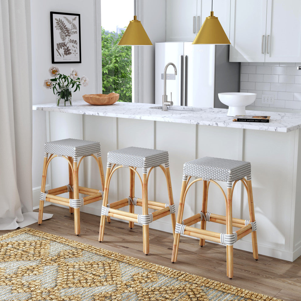 Tobias 30" Rectangular Rattan Barstool, Gray