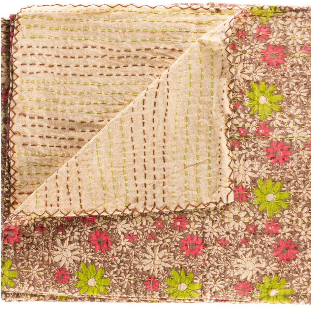 50x70 Green and Brown Kantha Cotton Floral Throw Blanket With Embroidery