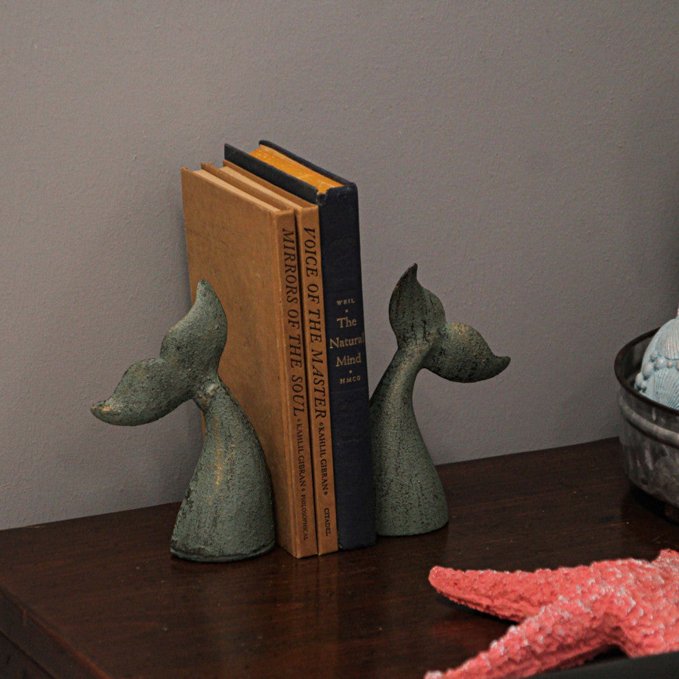 Set of 2 Verdigris Cast Iron Whale Tail Bookends Nautical Home Decor Bookshelf