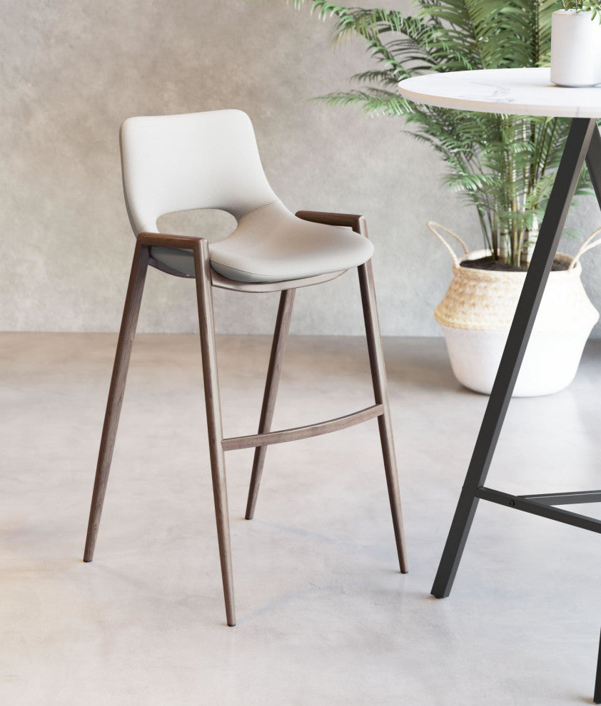 Bar Stool Chair Barstool, Set of 2, Faux Vinyl Leather, Steel, Beige, Walnut