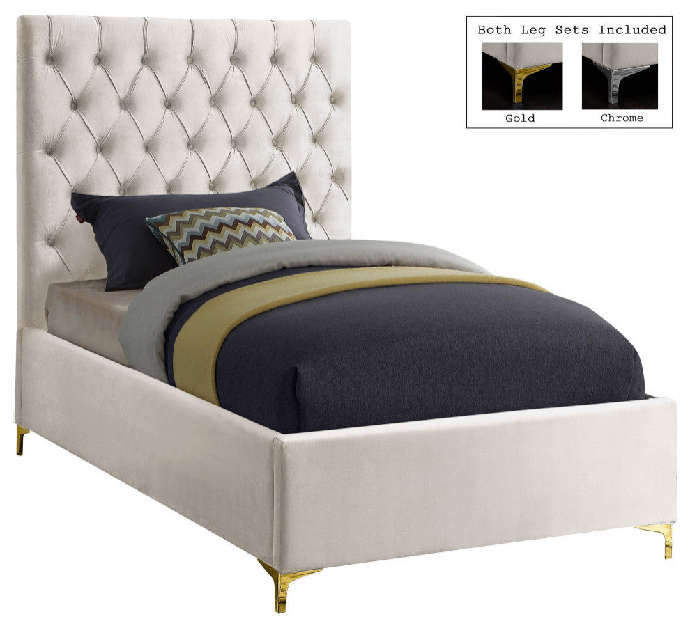 Cruz Velvet Upholstered Bed, Cream, Twin