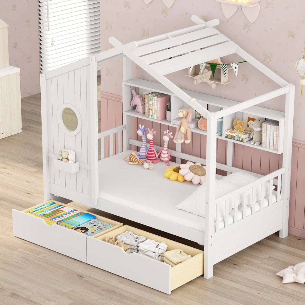 Gewnee  Wooden Twin Size House Bed with 2 Drawers