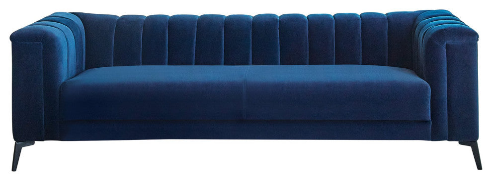 Unique Sofa, Padded Velvet Seat With Channel Tufted Back & Metal Legs, Navy Blue