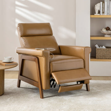 28.75"W Mid-Century Modern Style Genuine Leather Power Recliner, Camel