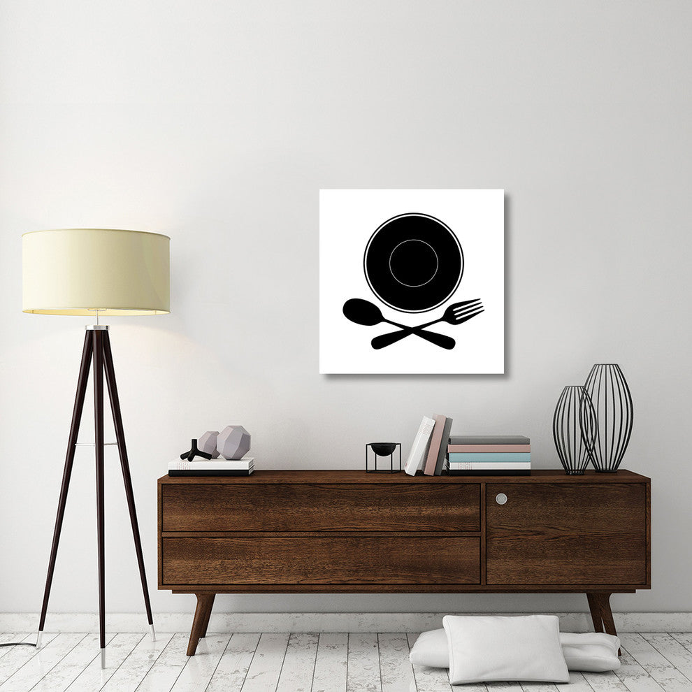 "Mealtime: Black on White - Plate with Crossed Cutlery" Paper Art, 32"x32"