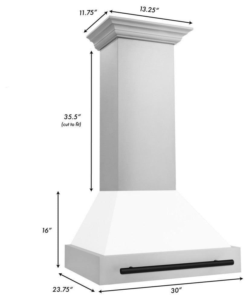 ZLINE 30" Wall Mount Hood, Stainless With White Matte Shell, 8654STZ-WM30-MB