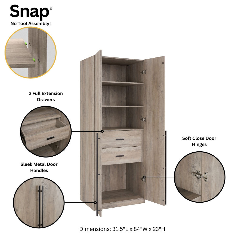 Lee Modern 2-Piece Wardrobe With 1 Rod, 2 Drawers, 3 Shoe Storage & 5 Shelves, Rustic Gray