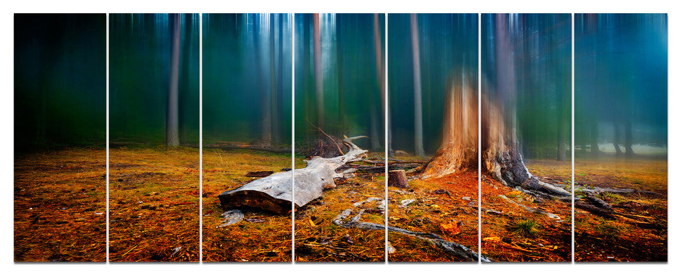 Blue Forest on Foggy Morning, Landscape Canvas Art Print, 83"x32", 7 Panels