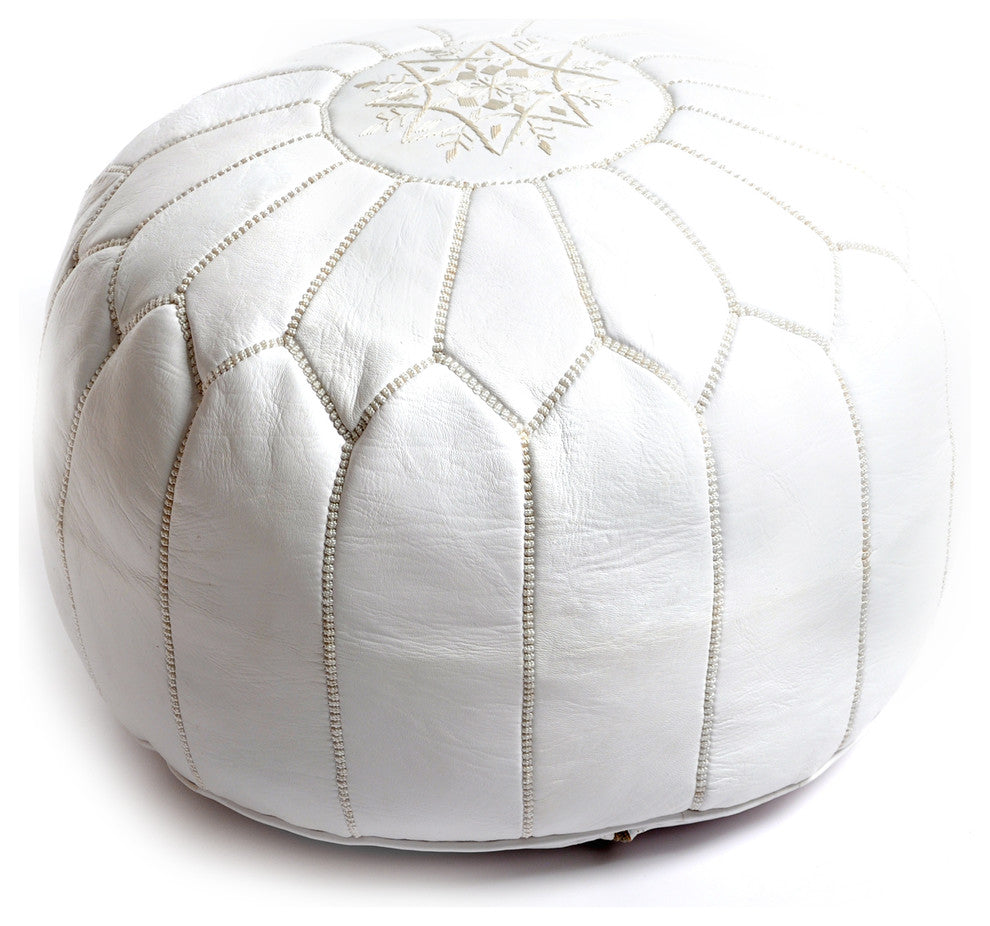 Moroccan Leather Pouf, White