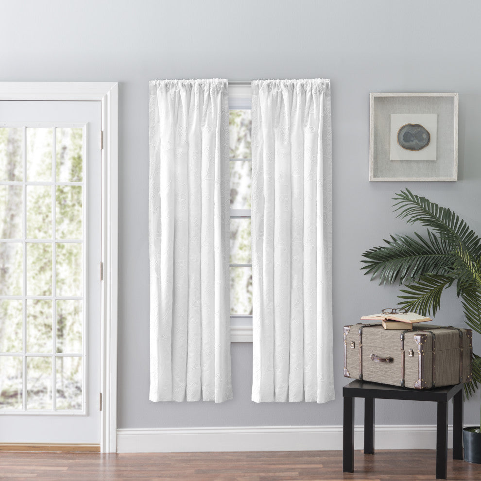 Eva Candlewick Rod Pocket Curtain Pair with Tiebacks, White, 100" X 63"