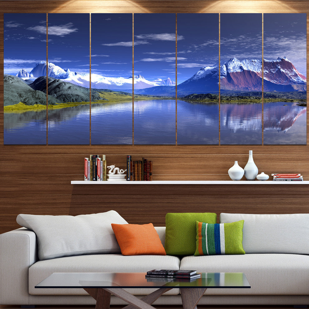 3D Rendered Mountains and Lake, Landscape Canvas Art Print, 83"x32", 7 Panels