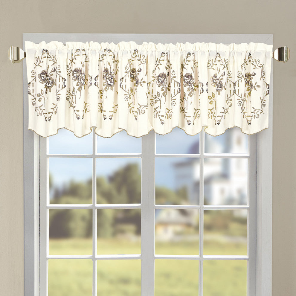 Rose Embroidery Window Curtain Valance, Taupe, 19" X 60"