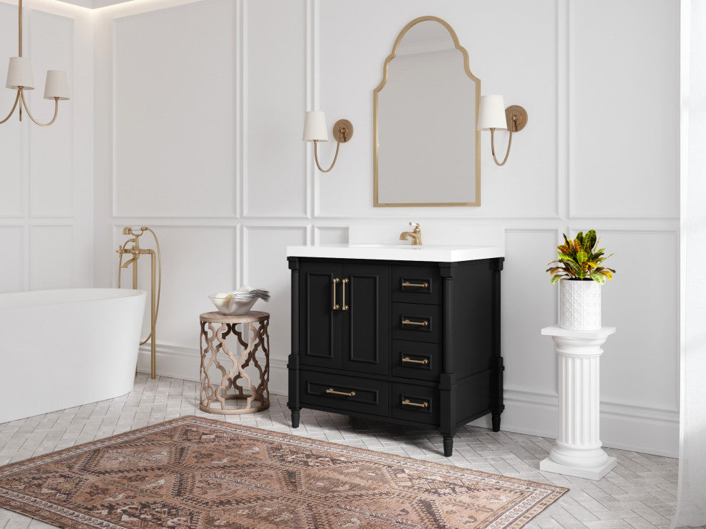 Aberdeen 36 Center Sink Bath Vanity in Black 2" Venatino Quartz