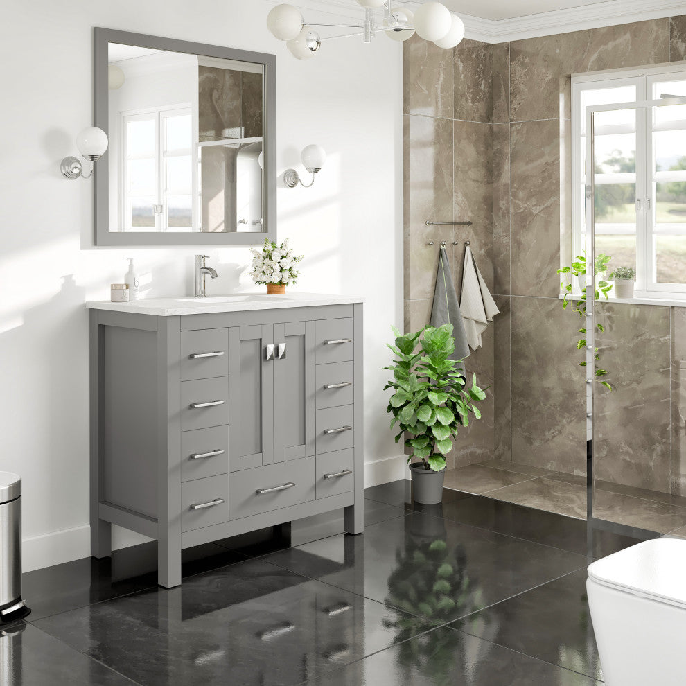 Eviva Hampton 36" Gray Vanity With White Quartz Top
